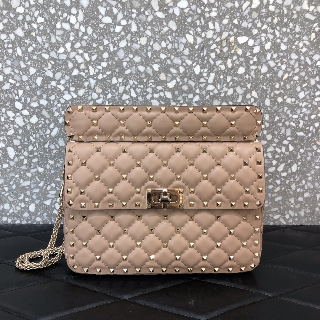 Valentino Garavani Rockstud Spike Medium Chain Bag in Nude Supple Lambskin Nappa